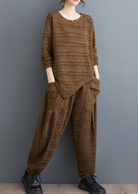 Coffee Asymmetrical Pockets Cotton Two Pieces Set O-neck Long Sleeve