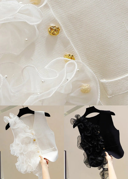 White V Neck Button Tulle Patchwork Cotton Waistcoat Sleeveless