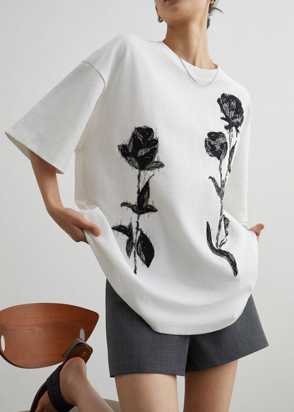 Stylish White O Neck Print Cotton T Shirt Top Summer