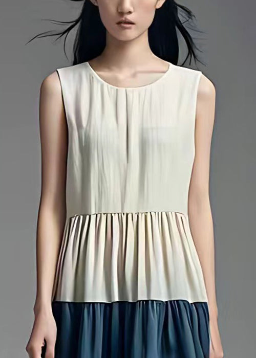 White O Neck Wrinkled Cotton Dresses Sleeveless