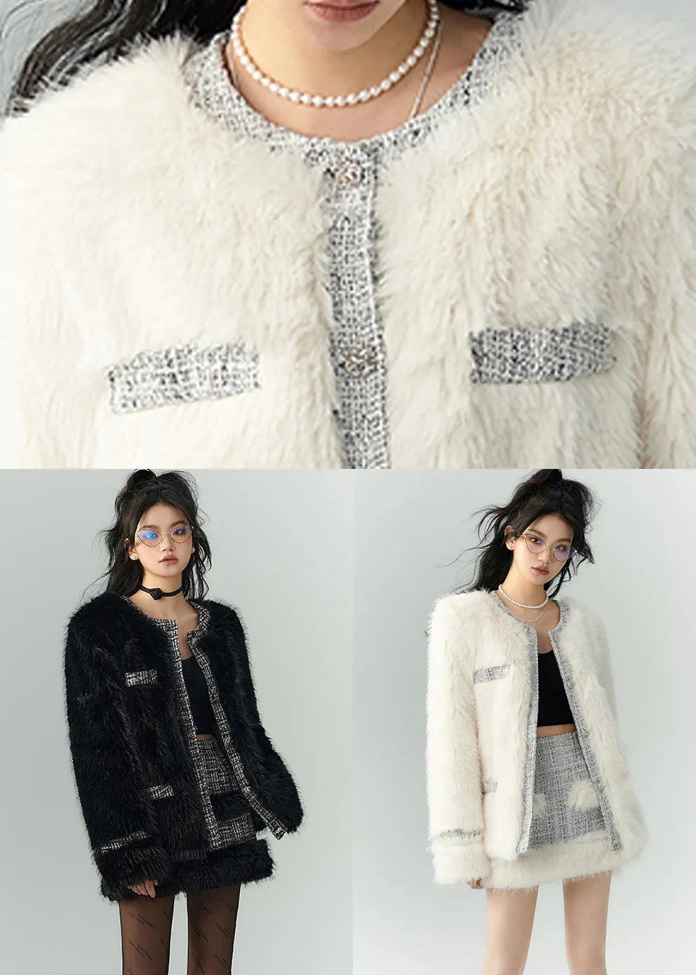Black Patchwork Leather and Fur Two Pieces Set O Neck Long Sleeve