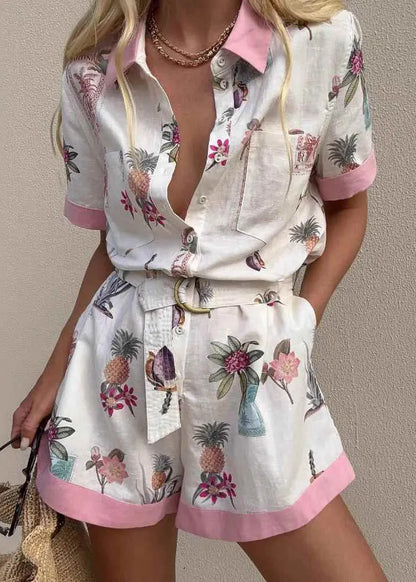 Pink Peter Pan Collar Button Shirts and Shorts Two Pieces Set Summer