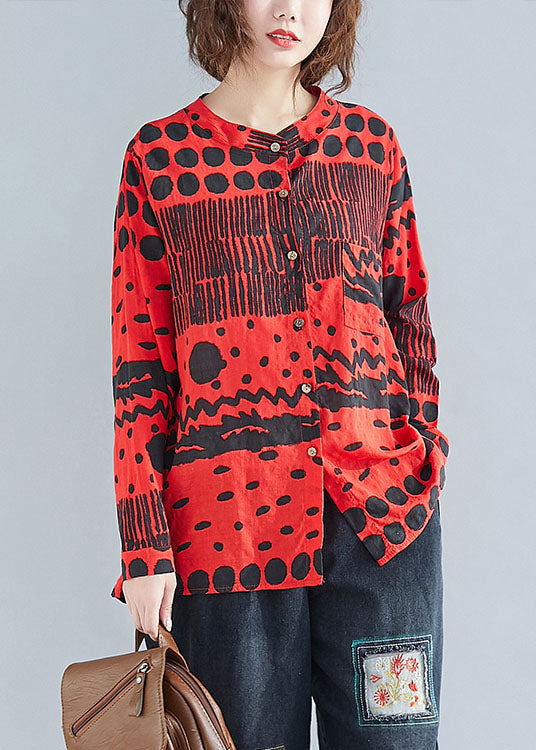 Red O-neck Button Print Pockets Fall Blouses Long Sleeve