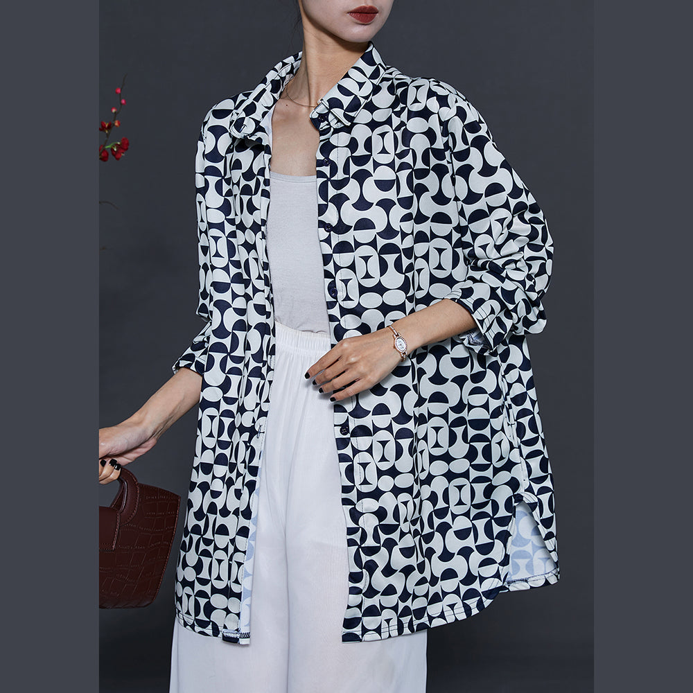 French Black Oversized Print Chiffon Shirt Tops Summer