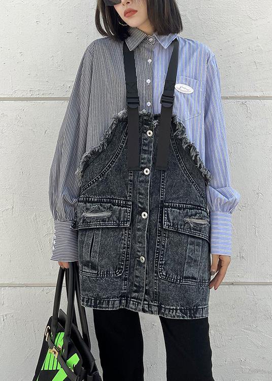 Lapel Spring Tunic Top Work Striped Patchwork Blouse