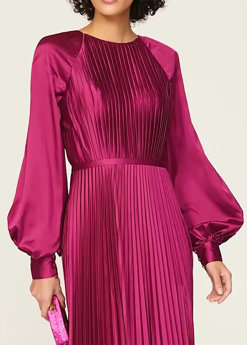 Wine Red O Neck Wrinkled High Waist Silk Dresses Fall