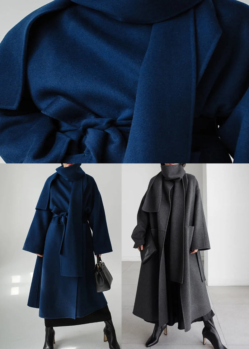 Art Grey Notched Pockets Woolen Coats Long Sleeve