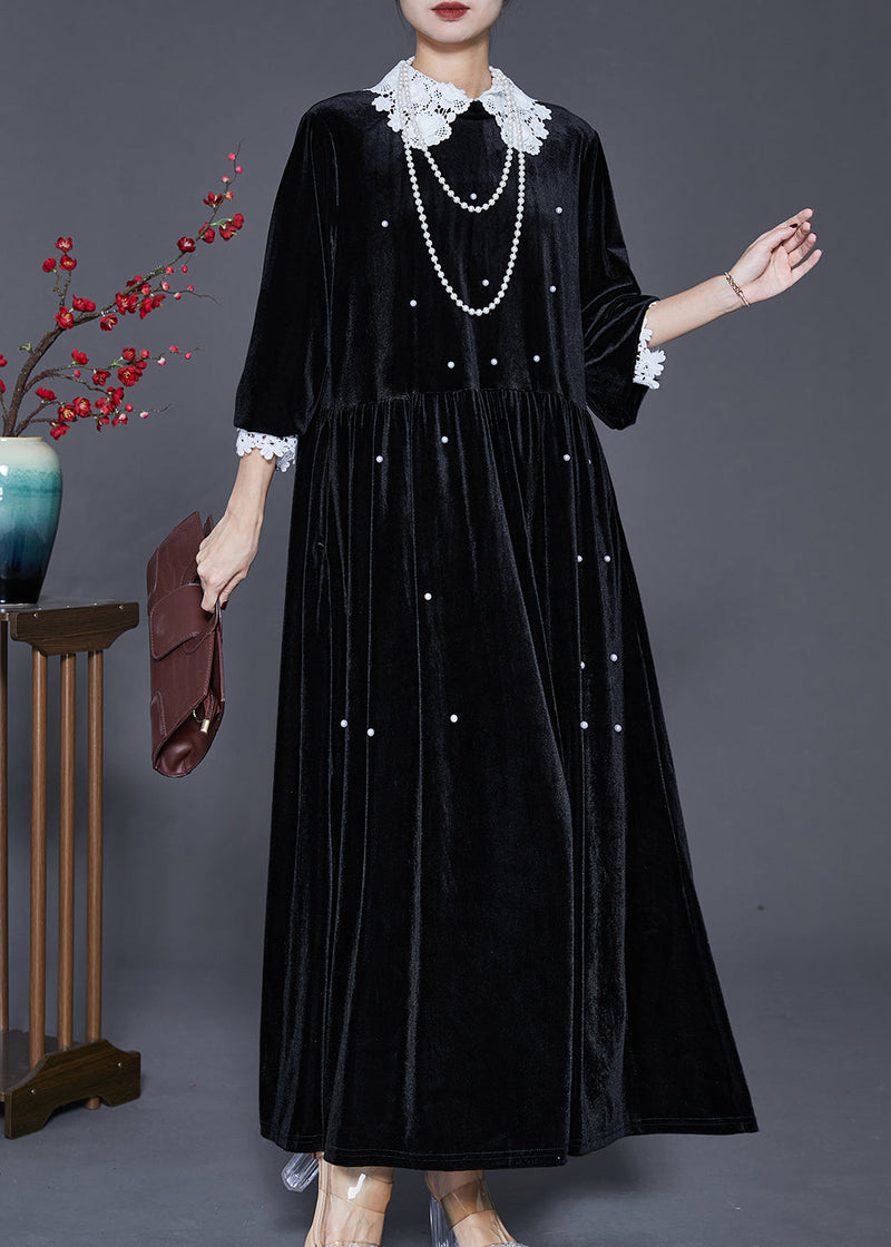 Loose Black Lace Patchwork Nail Bead Silk Velour Long Dresses Spring