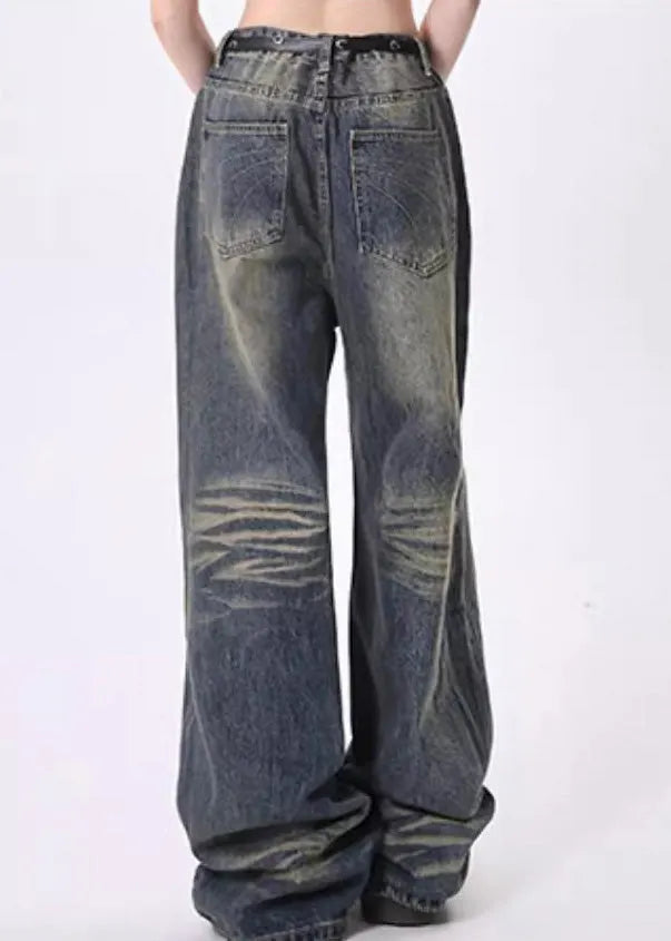 Navy Sequins Patchwork Denim Pants Spring