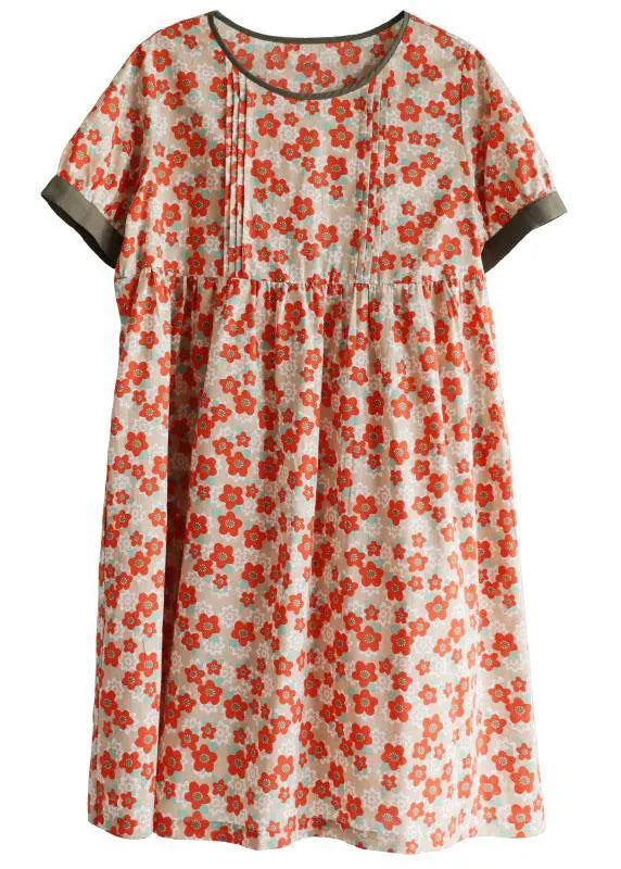Red Loose O-neck Print Summer Cotton Sundress Short Sleeve