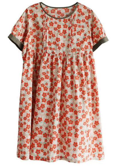 Red Loose O-neck Print Summer Cotton Sundress Short Sleeve