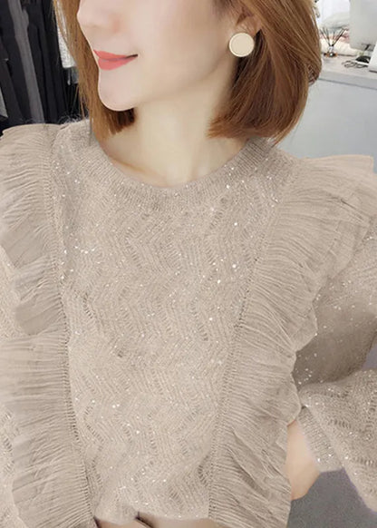 Apricot Ruffled Sequins Knit Two Pieces Set Spring
