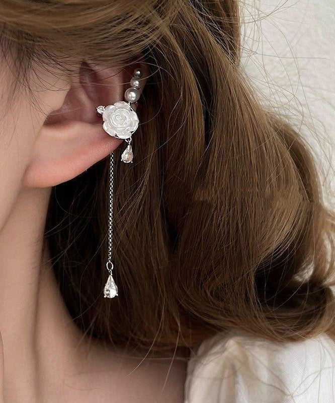 White Sterling Silver Asymmetrical Rose Tassel Drop Earrings