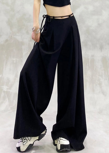 Black Lace Up High Waist Spandex Wide Leg Pants Summer