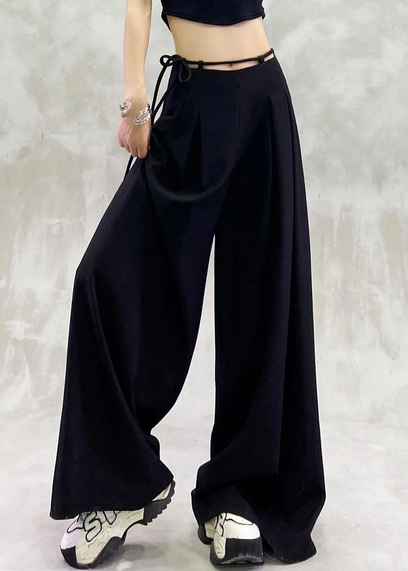 Black Lace Up High Waist Spandex Wide Leg Pants Summer