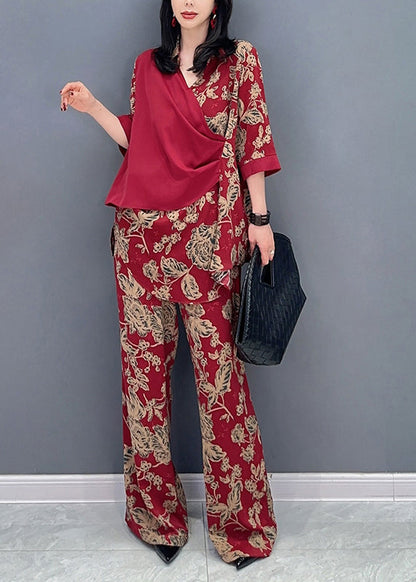 Red Print Patchwork Top and Wide Leg Pants Two Pieces Set Long Sleeve