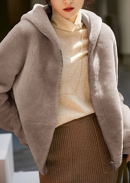Modern Brown Patchwork Zippered Mink Hair Hoodie Coat Long Sleeve