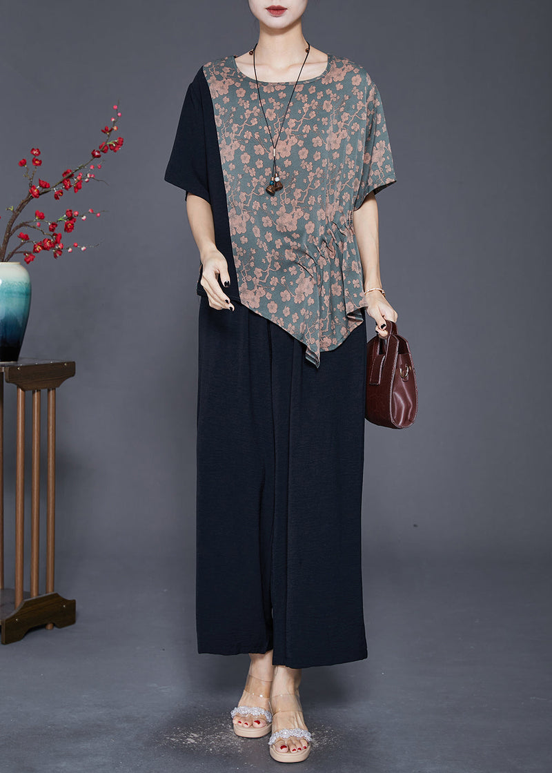 Asymmetrical Patchwork Print Silk Two-piece Set Fall