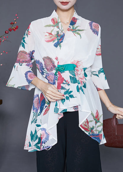 White Asymmetrical Print Chiffon Shirts Flare Sleeve