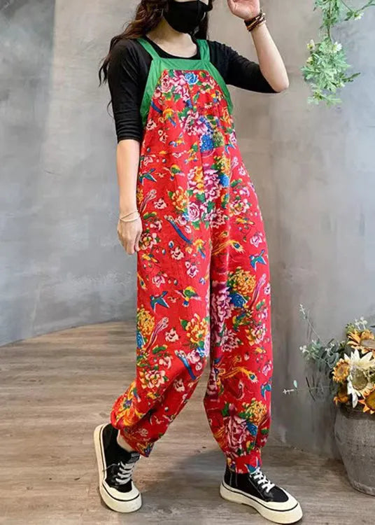 Red High Waist Patchwork Cotton Jumpsuits Pockets Fall