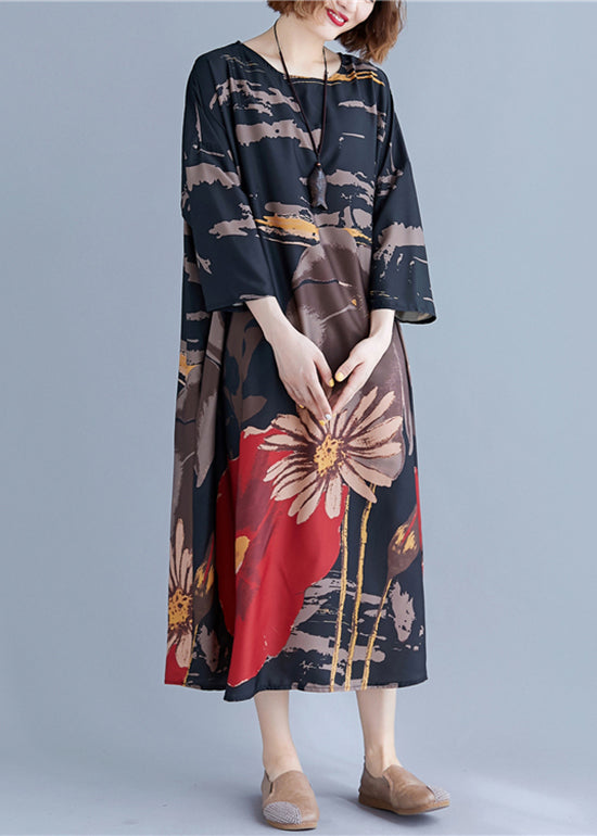Loose Black O-neck Print Maxi Dress Long Sleeve
