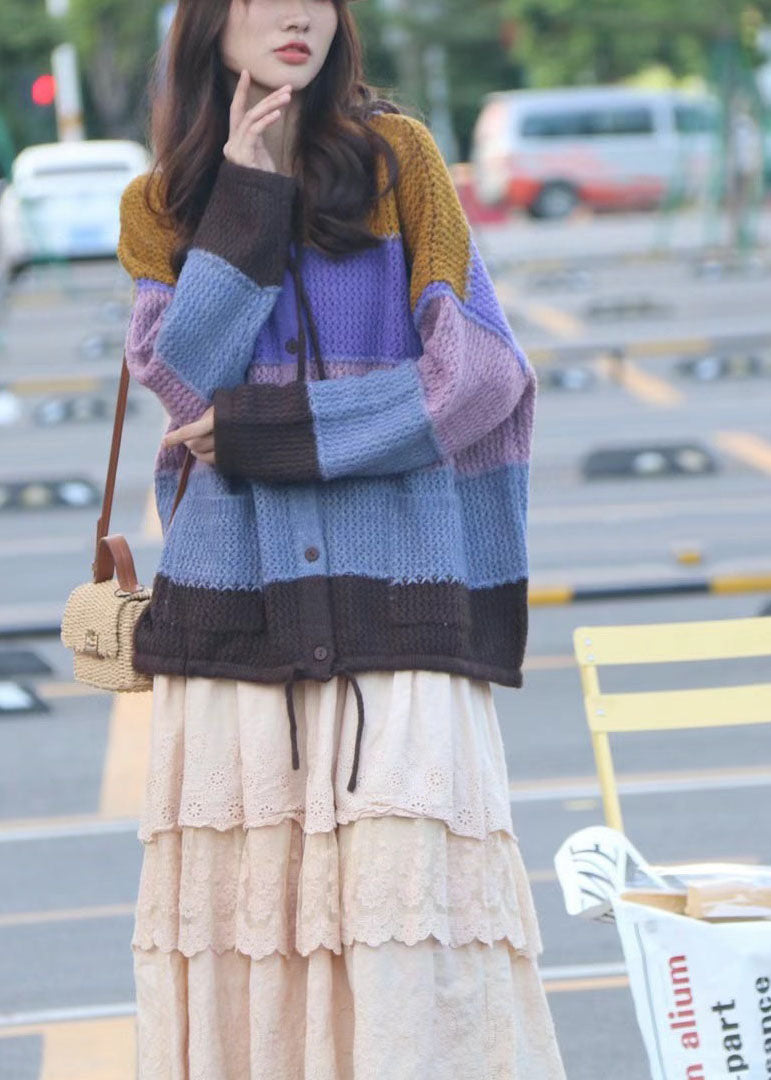 Simple Purple Button Pockets Patchwork Fall Drawstring Knit Sweaters
