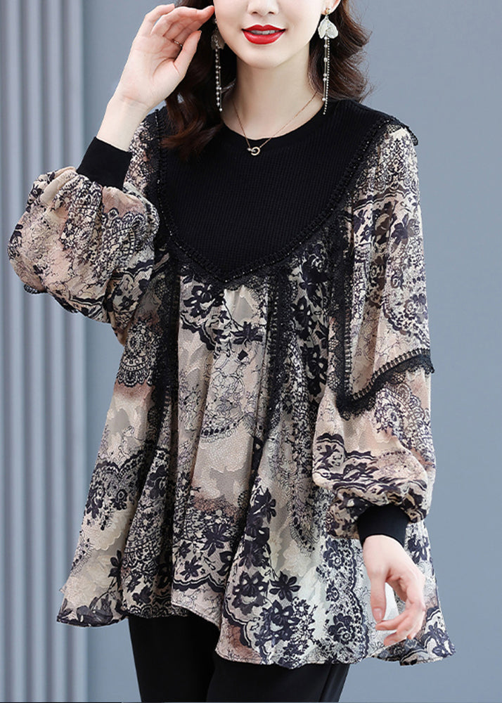 Loose Apricot Retro Jacquard Patchwork Tops Spring