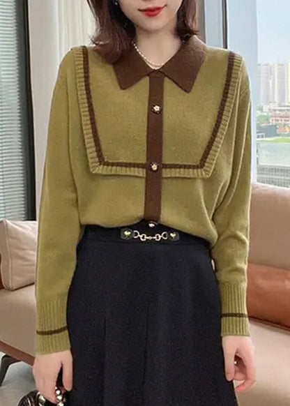 French Green Peter Pan Collar Patchwork Knitted Tops Fall