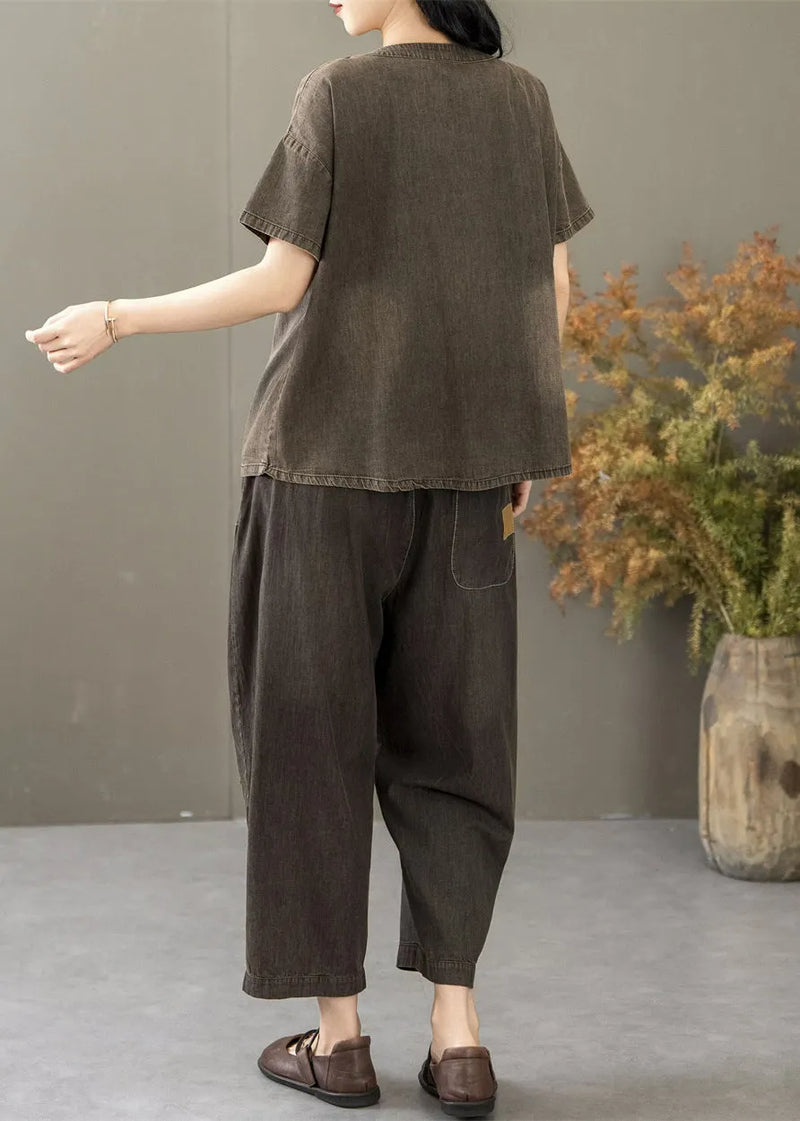 Retro Black Embroidered T Shirt and Crop Pants Denim Two Pieces Set Summer