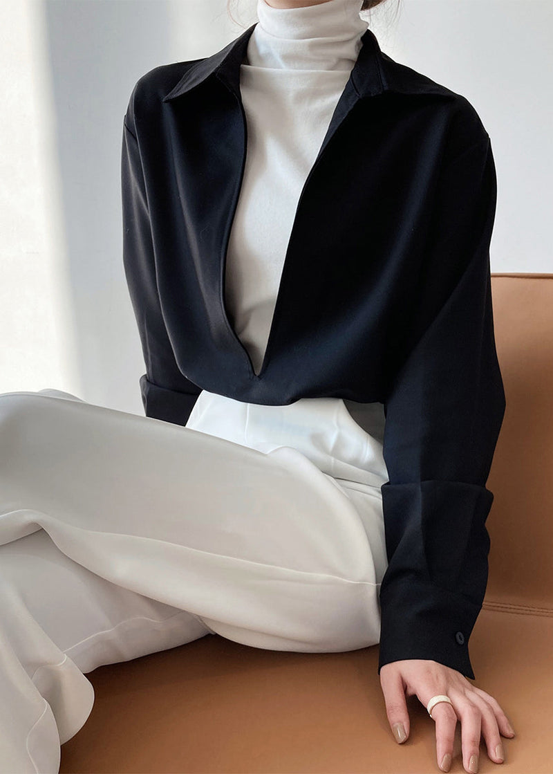 Simple White V Neck Cotton Shirts Top Long Sleeve Spring