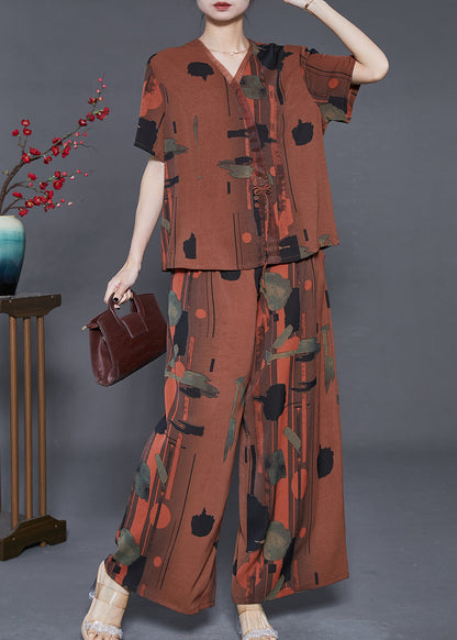Caramel V Neck Print Silk Two Pieces Set Summer