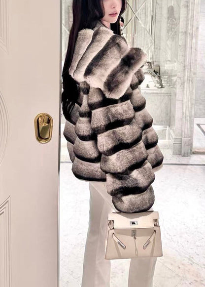 Italian Peter Pan Collar Striped Leather and Fur Coats Winter