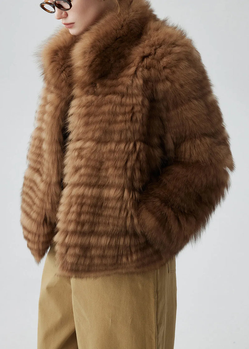 French Coffee Stand Collar Pockets Leather and Fur Coats Winter