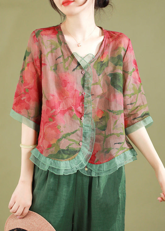 Red Ruffled Button Patchwork Linen Blouse Top Summer