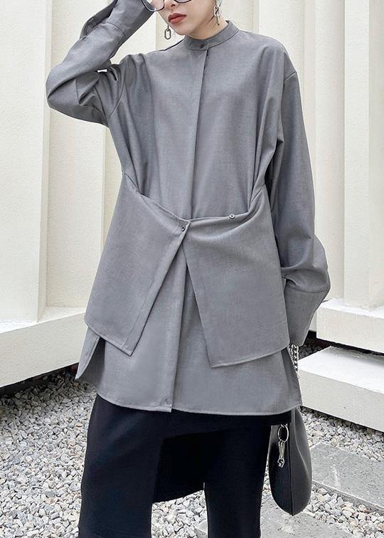 French Grey Asymmetrical Design Long Sleeve Spring Blouses