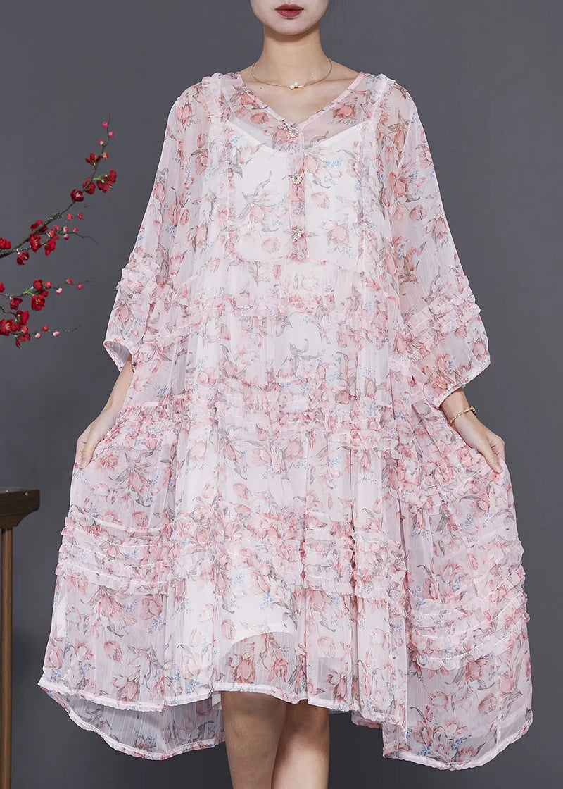 Stylish Pink Ruffled Print Chiffon Dress Spring