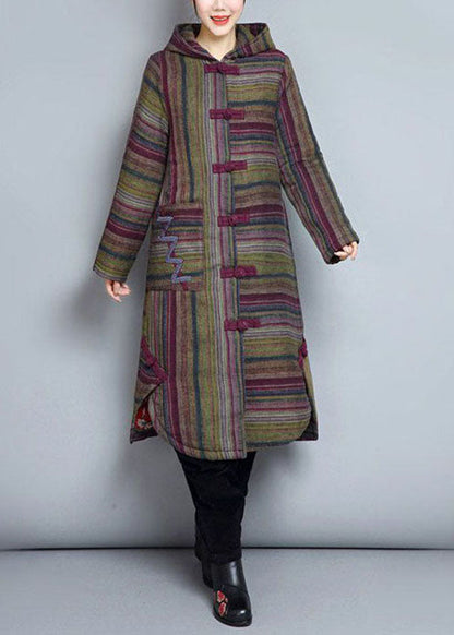 Khaki Hooded Pockets Striped Fine Cotton Filled Witner Coats