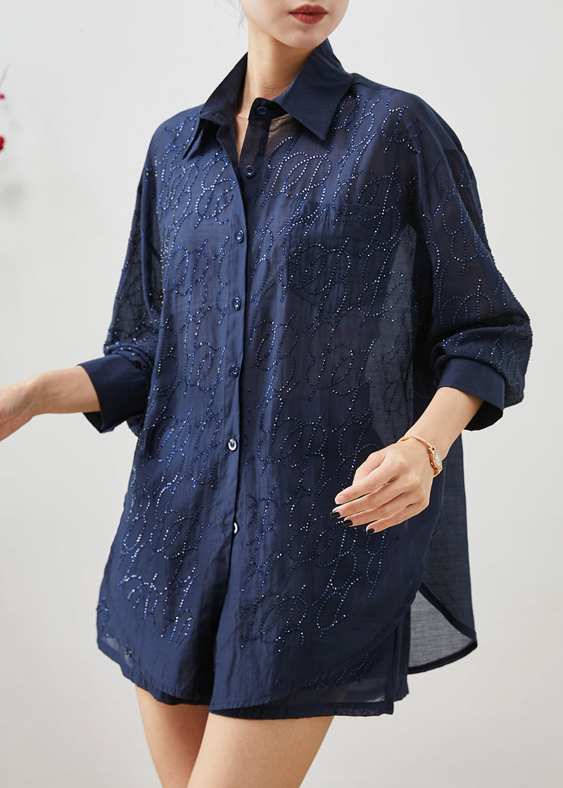 Navy Oversized Zircon Cotton Two Pieces Set Summer