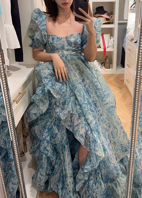 Blue Print Ruffled Side Open Chiffon Maxi Dresses Summer