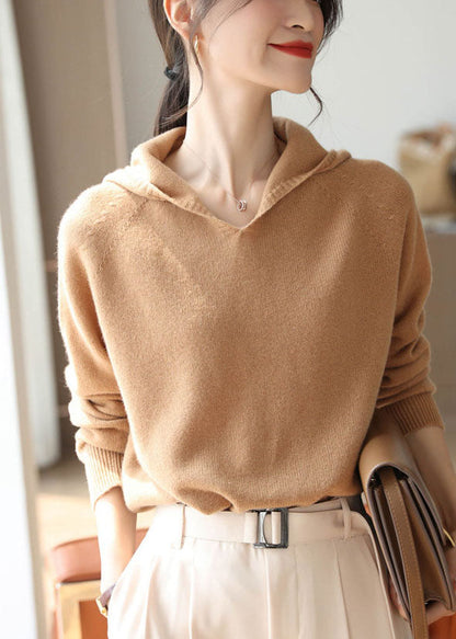 Khaki Hooded Oversized Wool Knit Sweater Tops Spring
