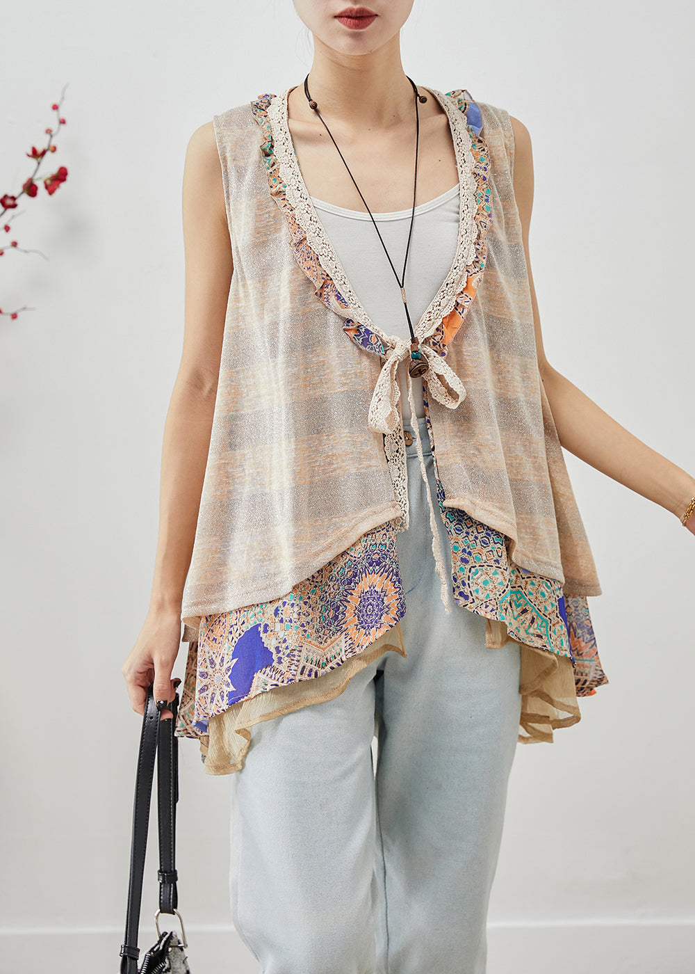 Khaki Lace Up Patchwork Ruffles Cotton Vests Sleeveless