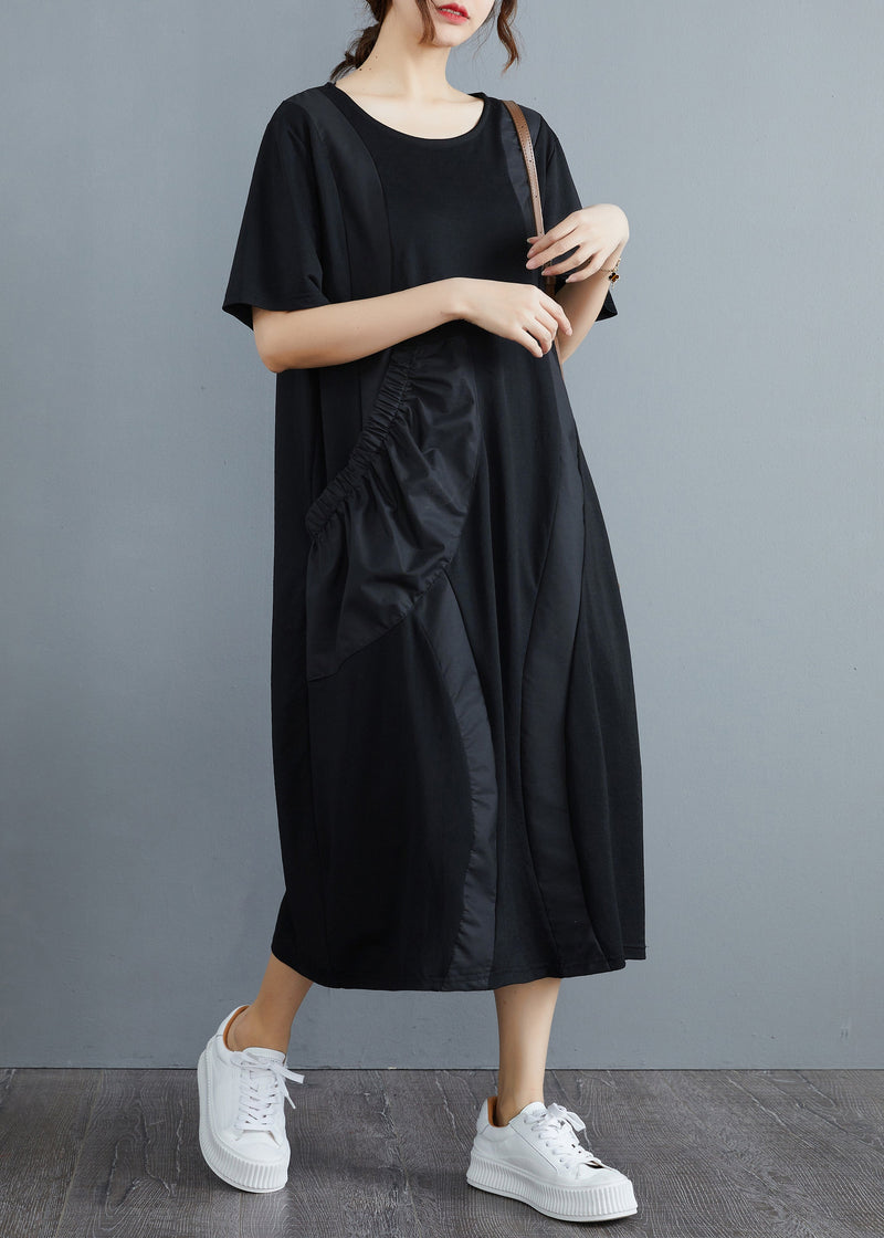 Black O-neck Big Pocket Patchwork Long Dress Short Sleeve