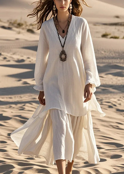White Oversized Cotton Fake Two Piece Dresses Fall
