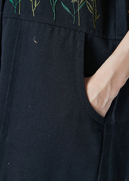 Black Embroideried Pockets Cotton Two Pieces Set Spring