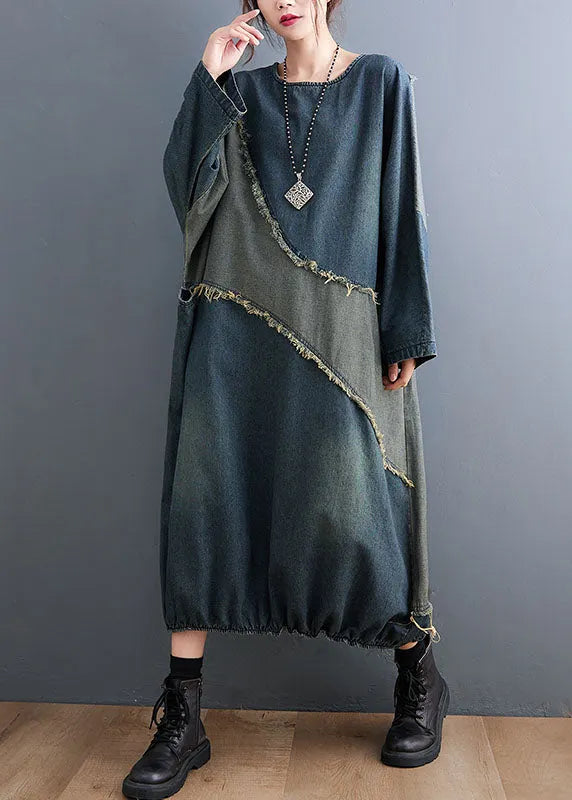 O-neck Drawstring Patchwork Denim Maxi Dresses Fall