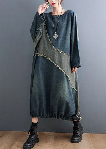 O-neck Drawstring Patchwork Denim Maxi Dresses Fall