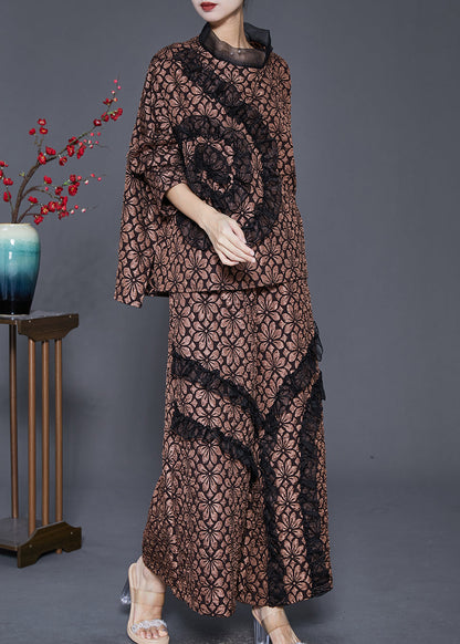 Coffee Jacquard Warm Fleece Two Piece Set Clothing Ruffled Winter