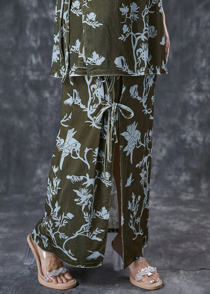 Green Print Lace Up Side Open Silk Velour Two Pieces Set Spring