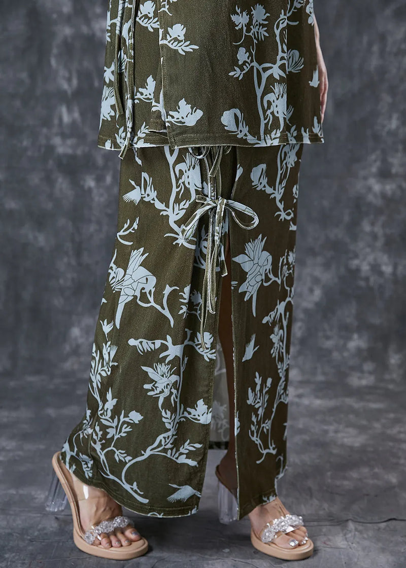 Green Print Lace Up Side Open Silk Velour Two Pieces Set Spring