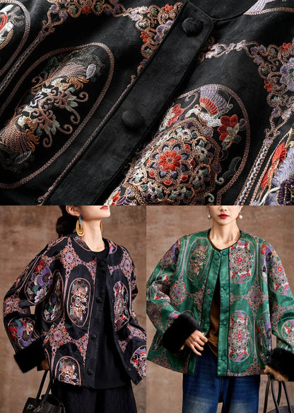 Green Embroidered Patchwork Mink Hair Fine Cotton Filled Coats Winter